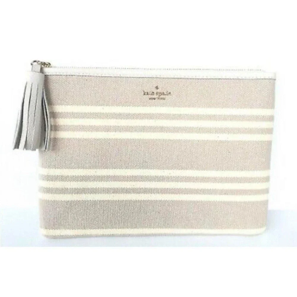 Kate Spade Gia Larchmont Avenue Fabric Stripe Pouch Clutch‎ Beige